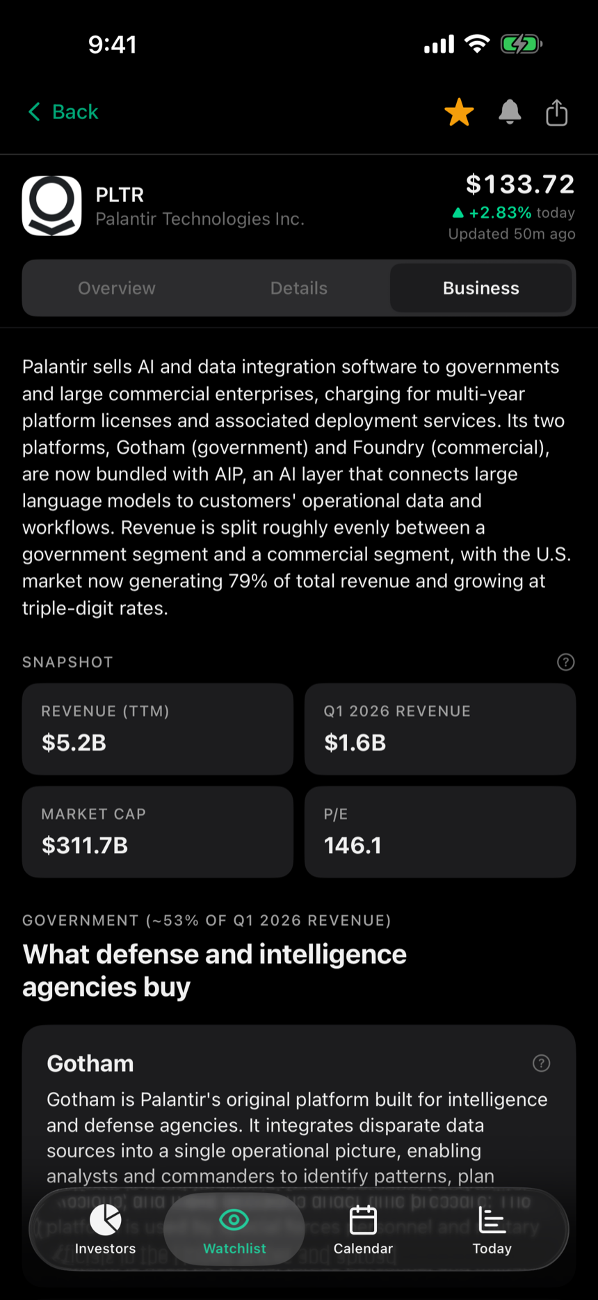 A business breakdown in Howl showing revenue segments