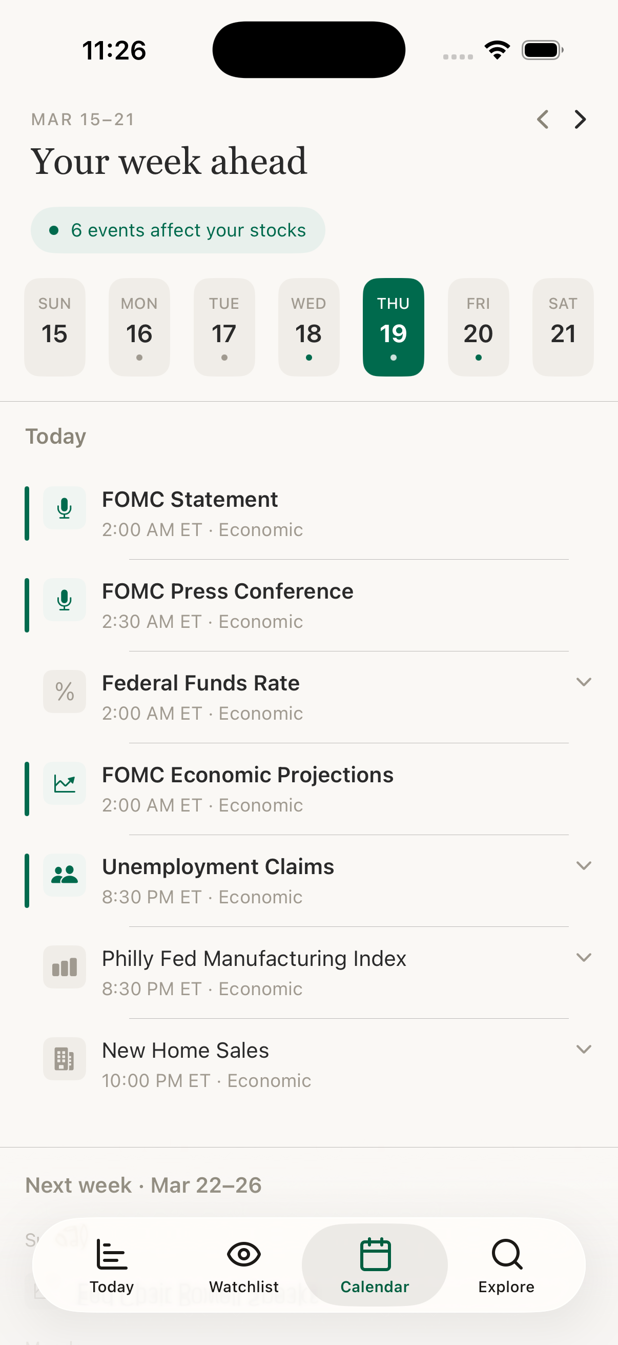 Calendar showing FOMC Statement, earnings dates, and economic events