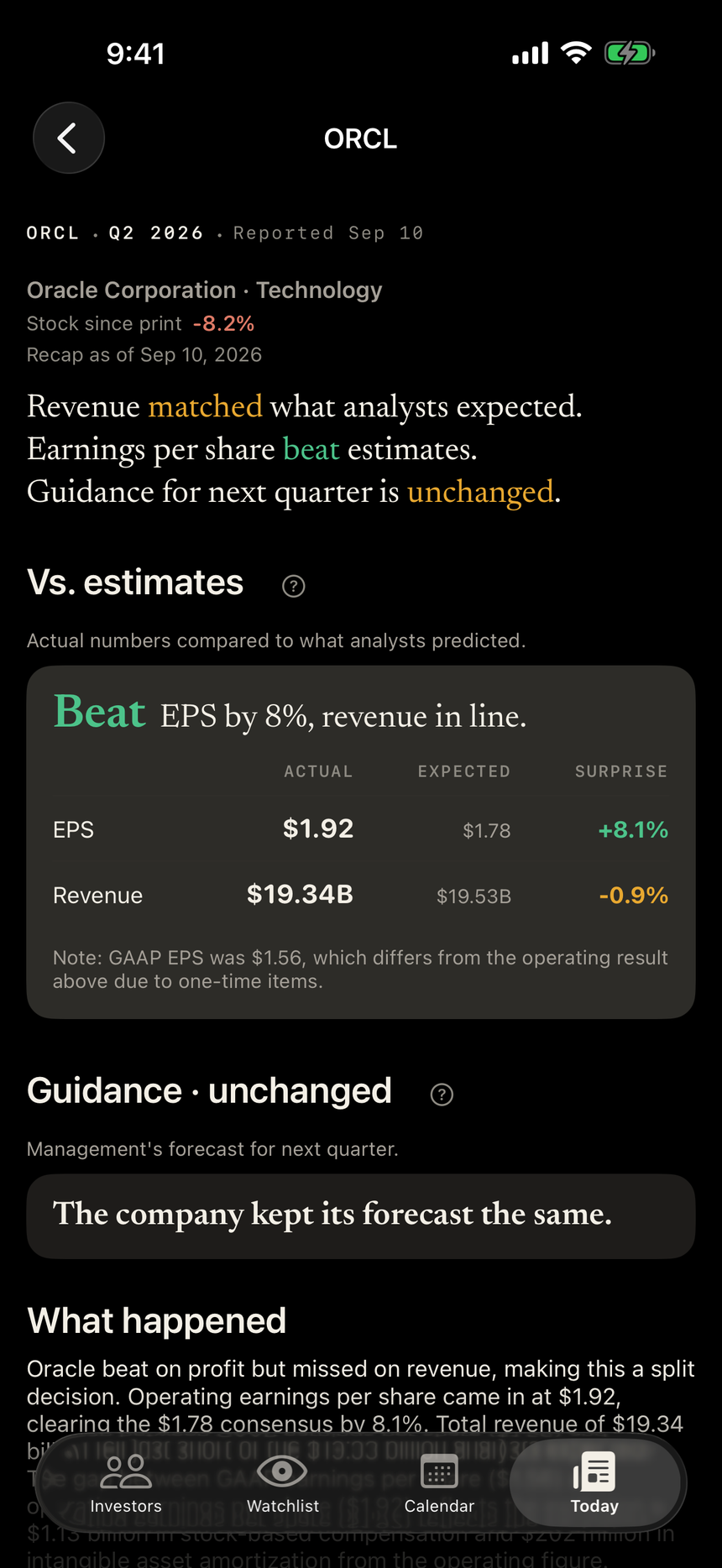 Oracle's earnings breakdown in Howl showing results against estimates and guidance