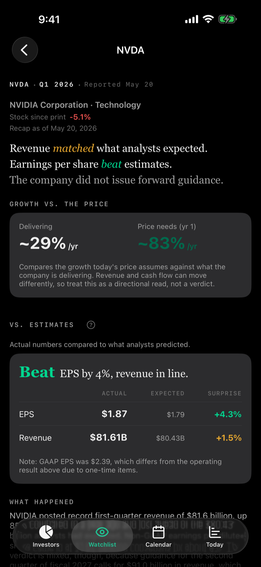 An earnings breakdown in Howl showing the verdict and guidance changes