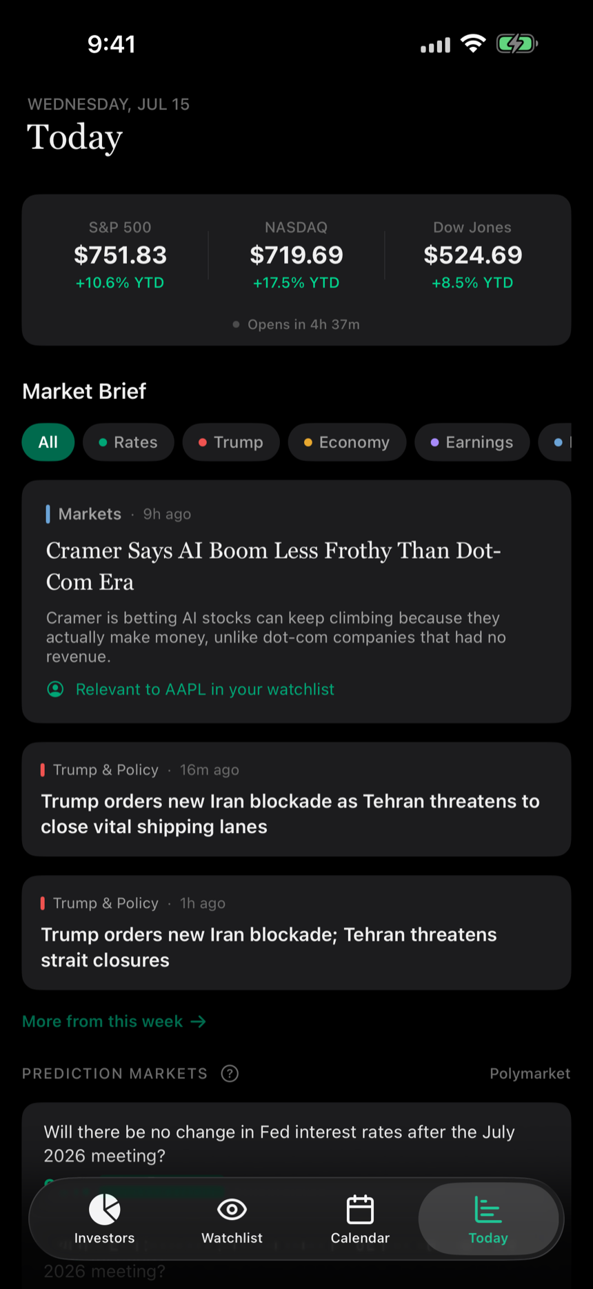Howl Today tab showing the market brief and watchlist movers