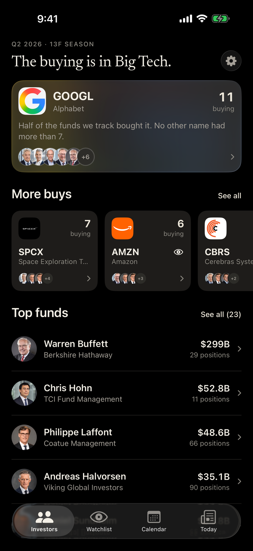 The Investors tab in Howl showing what notable funds are buying
