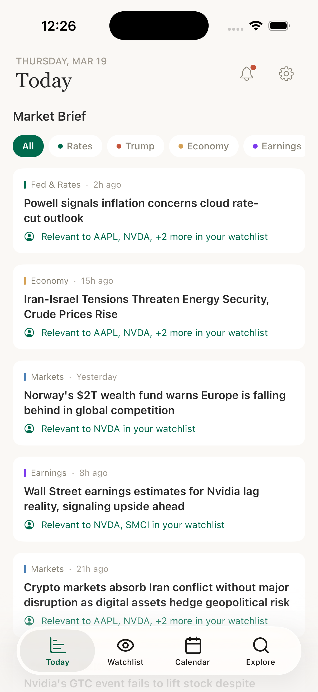 Market Brief with category filters showing Fed, economy, and earnings news