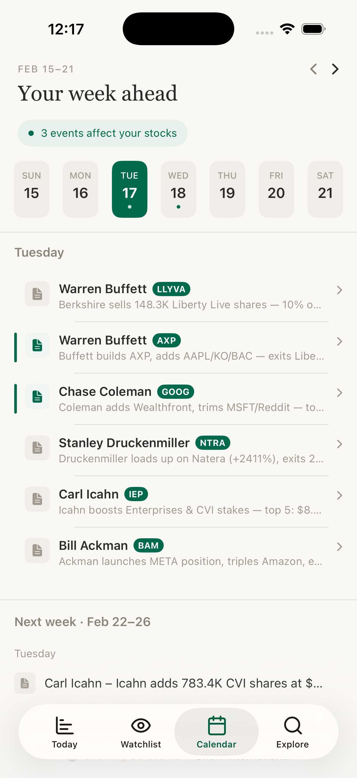 Calendar showing SEC filings from Druckenmiller, Buffett, Ackman, Icahn, and Coleman