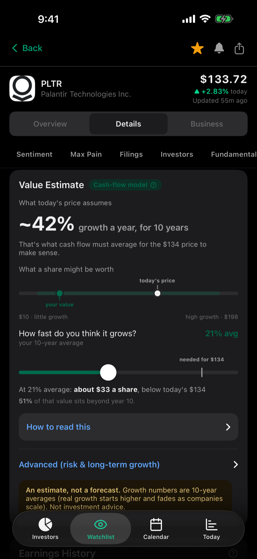 The Value Estimate in Howl showing implied growth and a value range