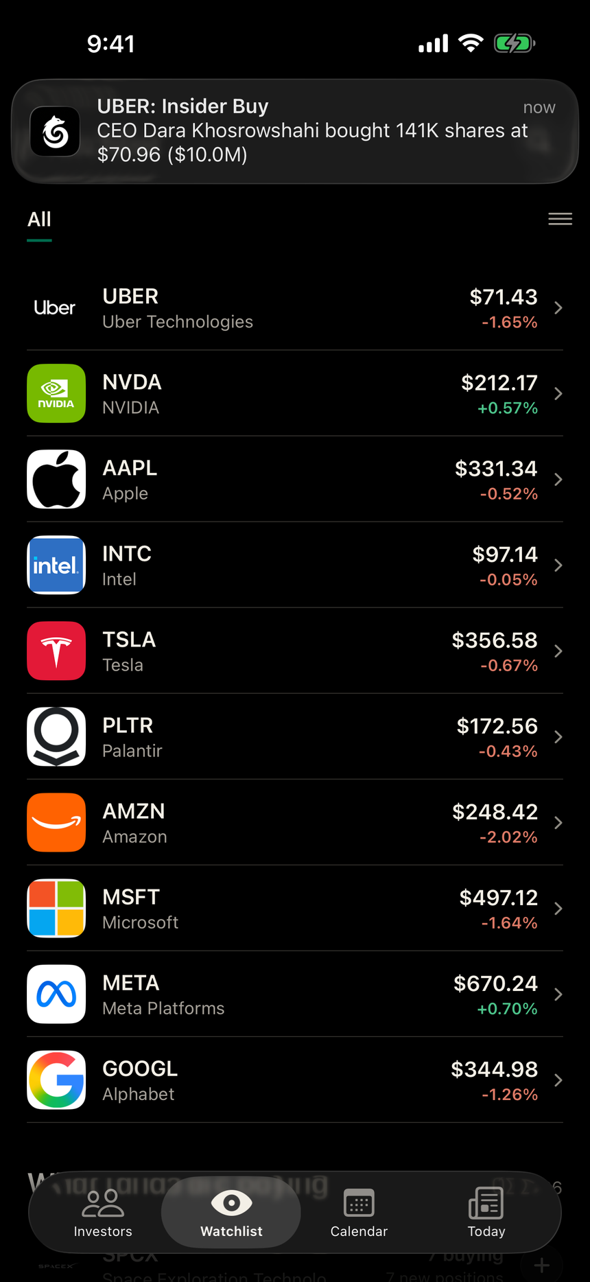 Howl watchlist with an insider buy alert for Uber
